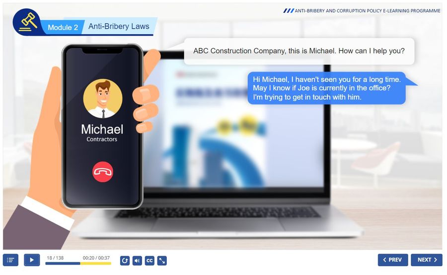 Scenario-based anti-bribery course screen