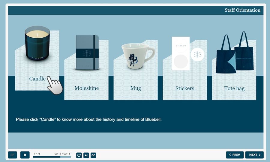 Interactive product orientation course screen