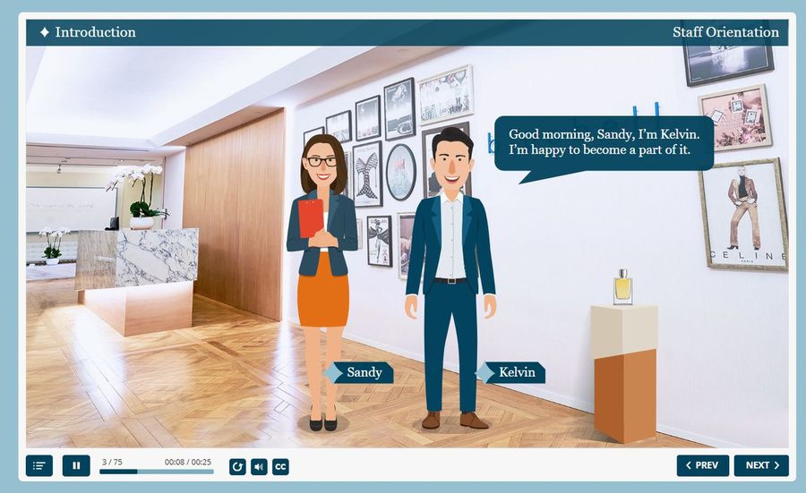 Character-led staff onboarding course screen